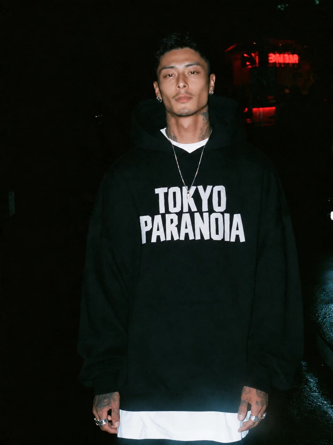 TOKYO PARANOIA HOODIE — black, front, styled look