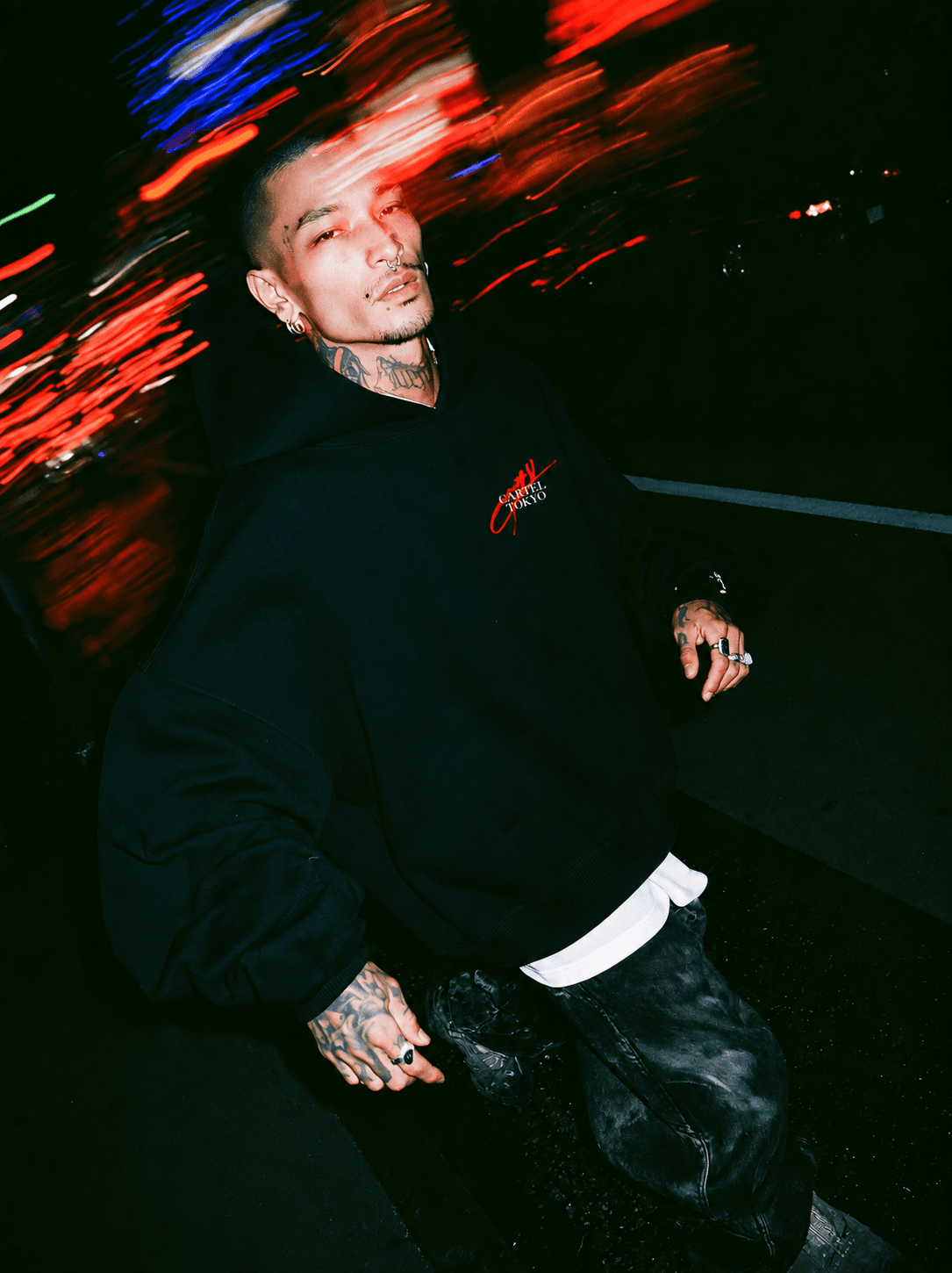 RED BRUSH HOODIE — black, front, styled look