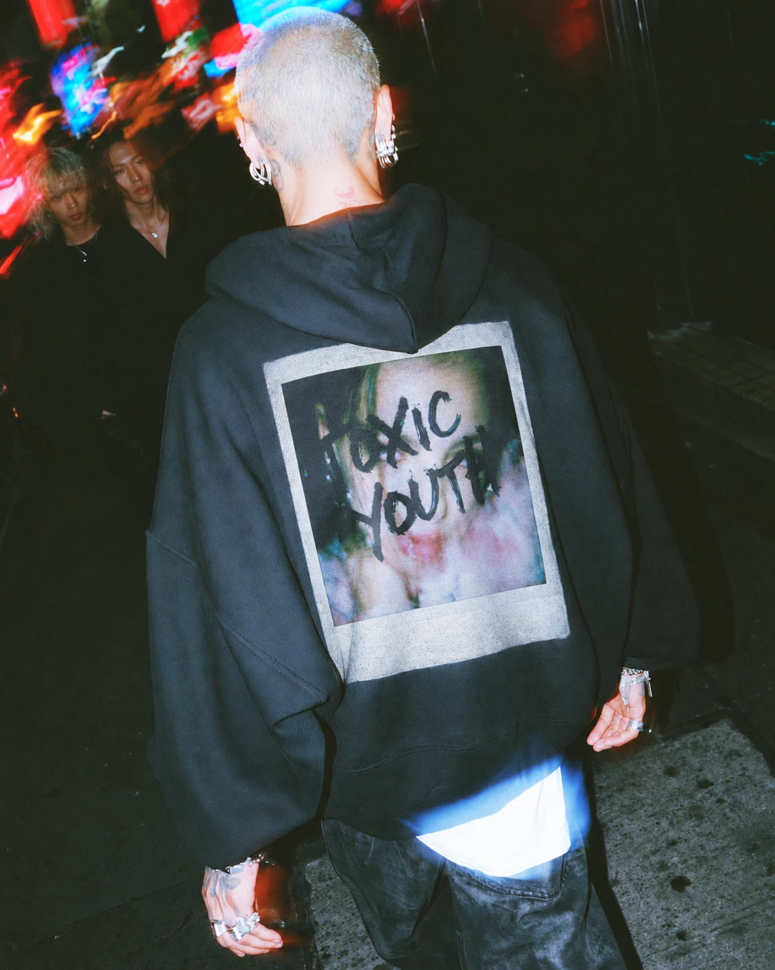 TOXIC YOUTH HOODIE — black, back, styled look